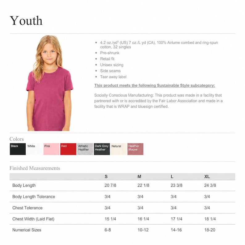 K&ouml;nnte beinhalten: Eine Gr&ouml;&szlig;entabelle f&uuml;r Jugend-T-Shirts mit einem magentafarbenen Kurzarmshirt, Stoffspezifikationen von 4,2 oz/yd2 und einer Tabelle mit Fertigma&szlig;en in Zoll f&uuml;r die Gr&ouml;&szlig;en S, M, L und XL, einschlie&szlig;lich K&ouml;rperl&auml;nge und Brustbreite.