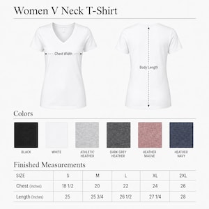 K&ouml;nnte beinhalten: Ein wei&szlig;es V-Ausschnitt-T-Shirt in Vorder- und R&uuml;ckansicht mit Messlinien f&uuml;r Brustbreite und K&ouml;rperl&auml;nge. Enth&auml;lt eine Farbpalette in Schwarz, Wei&szlig;, Athletic Heather, Dark Grey Heather, Heather Mauve und Heather Navy sowie eine Gr&ouml;&szlig;entabelle.