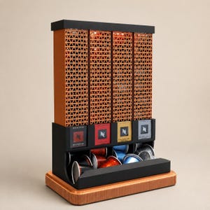 Könnte beinhalten: Ein vertikaler Kaffeekapselspender mit vier orangefarbenen Gitter-Säulen auf einem schwarzen Sockel. Das Gerät fasst Nespresso Original Kapseln, wobei Etiketten wie Ristretto, Capriccio, Ispirazione Venezia und Buenos Aires Lungo sichtbar sind.