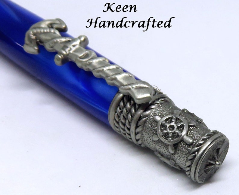 el Keen Handcrafted Handmade Deep Blue Pearl Kirinite Nautical Antique Pewter Twist Pen image 4