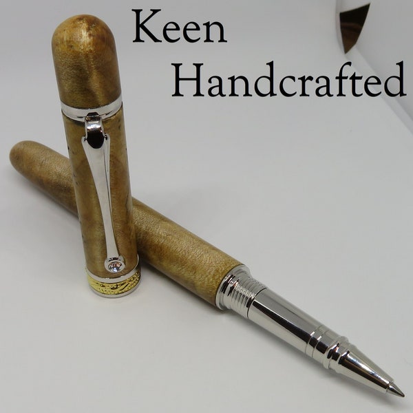 es - Keen Handcrafted Closed End Maple Burl Majestic 22kt Gold/Rhodium Rollerball Pen