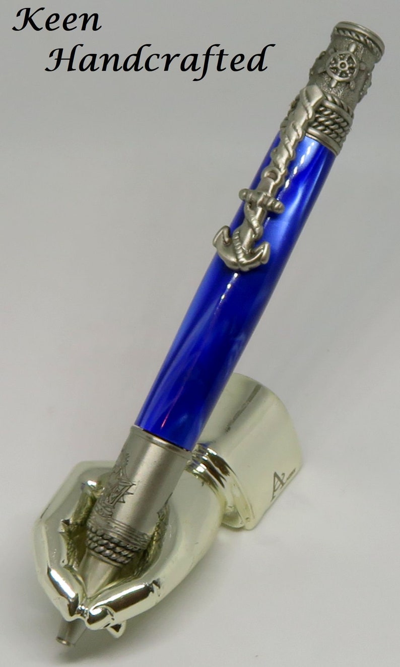el Keen Handcrafted Handmade Deep Blue Pearl Kirinite Nautical Antique Pewter Twist Pen image 1