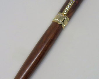 fn - Keen Handcrafted Handmade Ironwood Clear Swarovski Crystals set in 24kt Gold Princess Pen