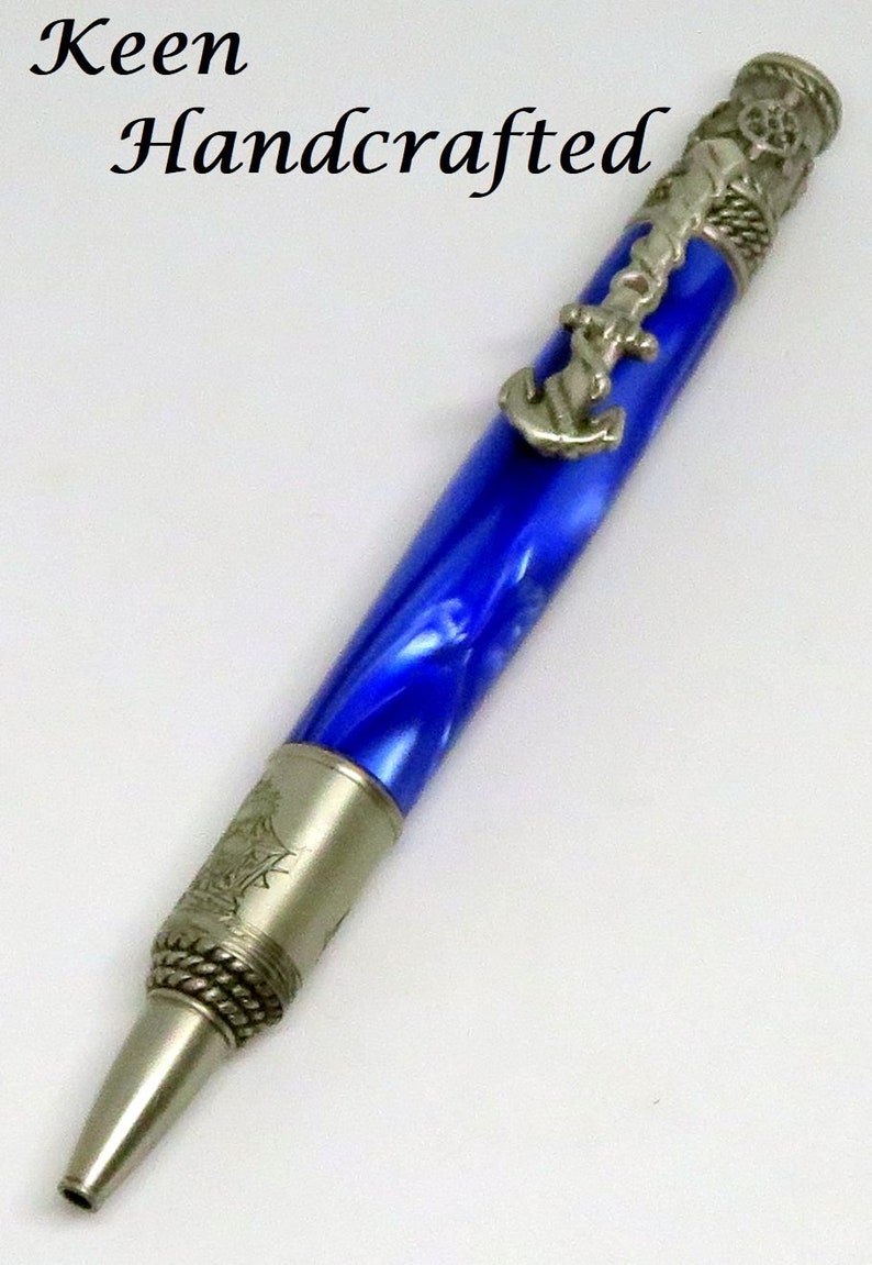 el Keen Handcrafted Handmade Deep Blue Pearl Kirinite Nautical Antique Pewter Twist Pen image 5