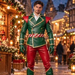May include: A green and red elf costume featuring a double-breasted jacket with gold buttons, a white collared shirt underneath, a red and white striped belt, matching red trousers, green gloves, and tall green boots with curled toes.