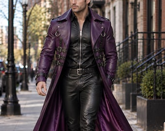 May include: A long purple leather trench coat featuring multiple buckled straps across the chest, wide lapels, and silver-toned hardware. The coat is worn over a black zippered shirt and black leather trousers with a matching black leather belt.