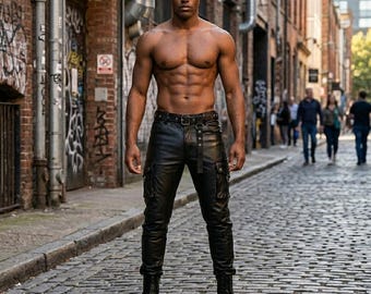 Pantalon cargo en cuir noir pour homme - Pantalon de motard tactique en peau de vache véritable Pantalon en cuir fait main gothique cyberpunk streetwear pour homme