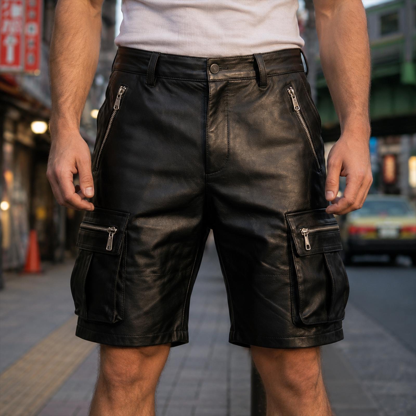 90's〜00's SBEC Leather Cargo Shorts Handmade Men Black Leather Cargo Shorts, Genuine Cowhide Leather