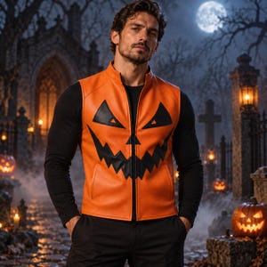 May include: An orange sleeveless vest featuring a black jack-o'-lantern face design with triangular eyes and a jagged mouth. The vest has a full-length front zip, a high collar, and is worn over a black long-sleeved shirt and black trousers.