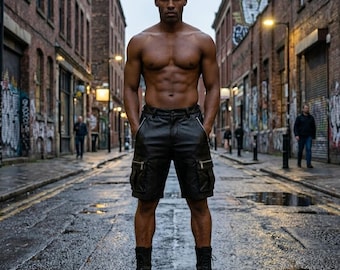 Men's Leather Cowhide Cargo Shorts Slim Fit Biker Shorts Motorcycle Style Jeans Casual Utility Streetwear Fashion Gift For Him