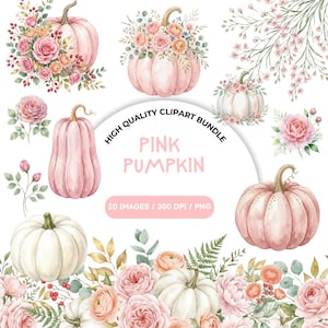 Può includere: Un pacchetto di clipart digitali con illustrazioni ad acquerello di zucche rosa e bianche decorate con composizioni floreali di rose, ranuncoli e fogliame. Il testo centrale recita HIGH QUALITY CLIPART BUNDLE PINK PUMPKIN 20 IMAGES / 300 DPI / PNG.