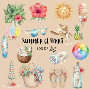 May include: Watercolor summer clipart featuring a variety of beach-themed illustrations. Includes a smiling sun, ice cream cone, sunglasses, beach hat, pineapple, beach ball, flip-flops, and a beach bag. The text "Summer Clipart" is also included.