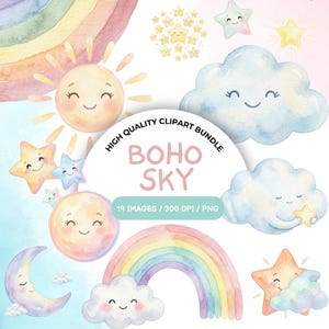 Op de afbeelding: Watercolor clipart bundel met een boho sky thema. Bevat lachende zonnen, manen, sterren, wolken en regenbogen in pastelkleuren. Tekst luidt "BOHO SKY" en "HIGH QUALITY CLIPART BUNDLE".