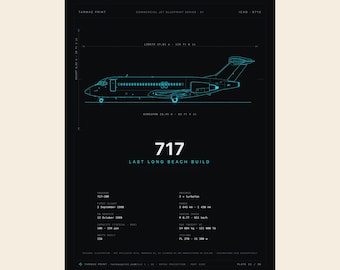 Plakat z cyjanowym projektem Boeinga 717, grafika ścienna z motywem technicznym lotnictwa