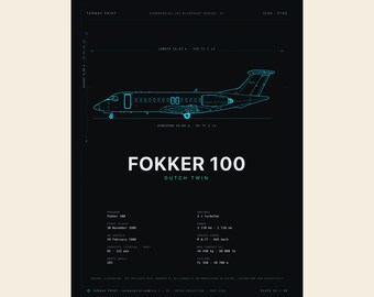 Plakat z projektem samolotu Fokker 100 w kolorze cyjan, holenderski regionalny bliźniak, grafika ścienna z motywem linii technicznej lotnictwa