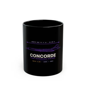 Black 11oz ceramic mug with a violet Concorde aviation blueprint design