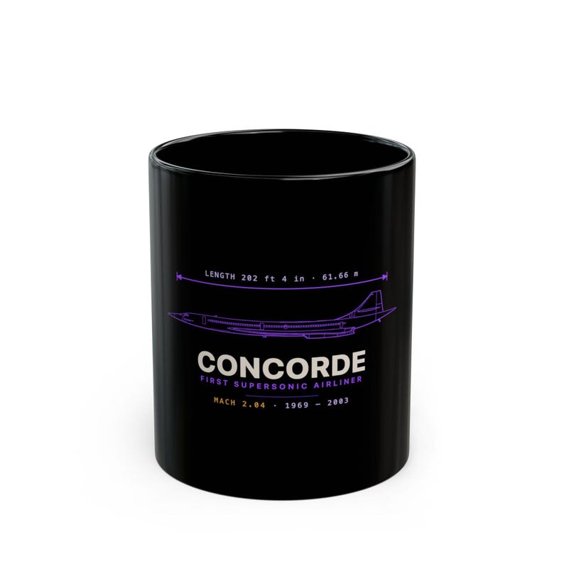 Black 11oz ceramic mug with a violet Concorde aviation blueprint design