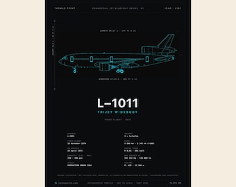 Plakat z planem samolotu Lockheed L-1011 TriStar w kolorze cyjan, wycofany z eksploatacji Trijet, grafika ścienna z linii technicznej samolotu