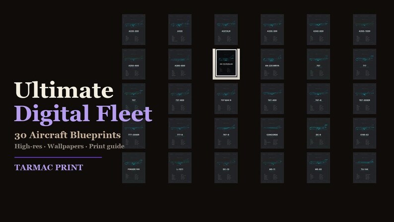 All 30 aircraft blueprint plates in a grid — the complete Tarmac Print collection