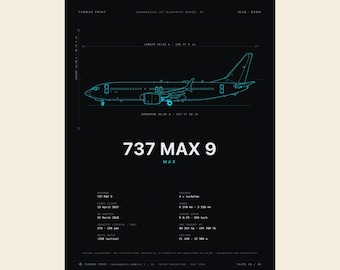 Plakat z planem Boeinga 737 MAX 9 w kolorze cyjan, grafika ścienna z motywem lotniczym