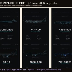 Complete fleet of 30 cyan aircraft blueprints, six shown large: Concorde, 747, A380, DC-10, A350, 777
