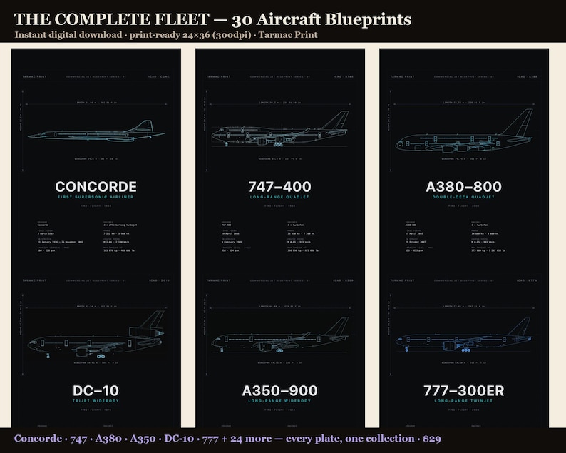 Complete fleet of 30 cyan aircraft blueprints, six shown large: Concorde, 747, A380, DC-10, A350, 777