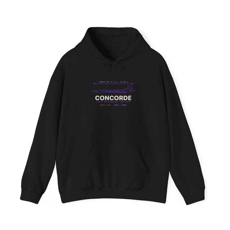 Black hoodie with a violet Concorde aviation blueprint design