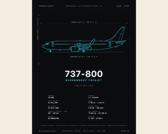 Póster del plano del Boeing 737-800 en color cian, 737 de nueva generación, lámina decorativa de arte técnico aeronáutico para pared.