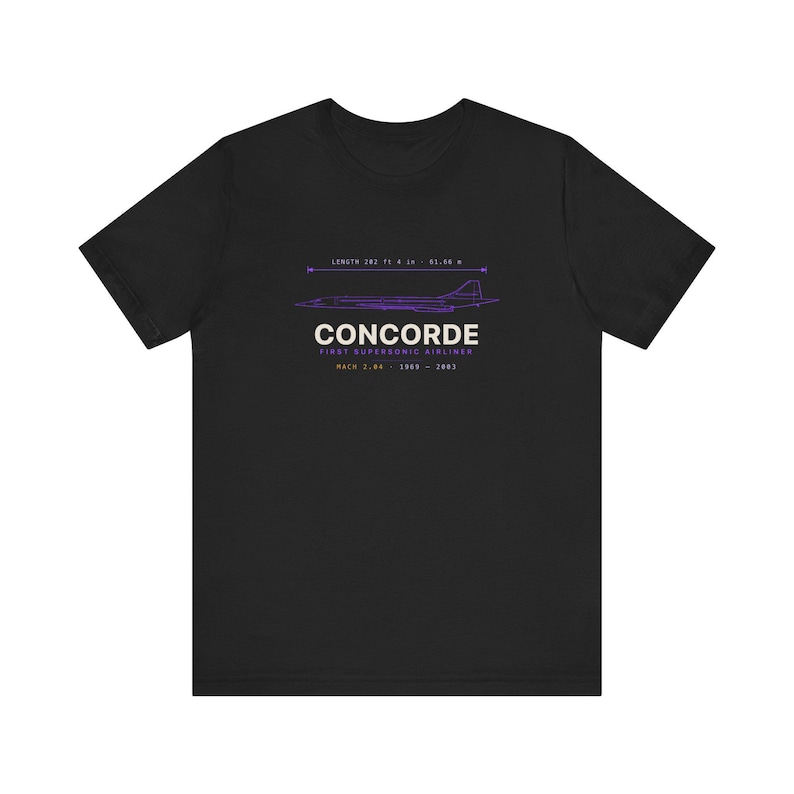 Black t-shirt with a violet Concorde aviation blueprint design