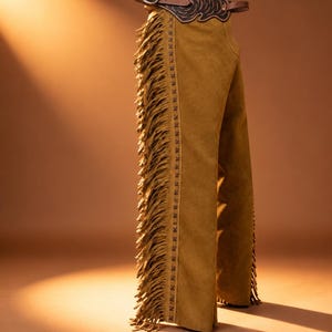 May include: Tan suede chaps featuring long fringe along the outer legs and a decorative brown leather belt at the waist. The belt includes a metal buckle and intricate embossed floral patterns, while the leg seams are detailed with cross-stitching.