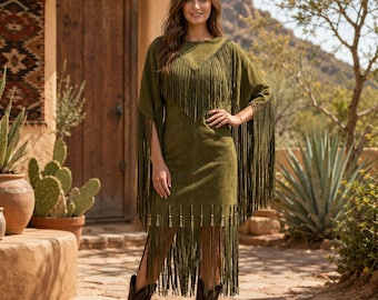 Vestido de gamuza verde con flecos / Vestido con flecos de inspiración suroeste / Vestido bohemio estilo western / Vestido de cuero para powwow