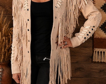 Chaqueta de cuero estilo western con flecos para mujer, abrigo de gamuza con flecos hecho a mano, chaqueta vaquera con tachuelas, regalo para ella.