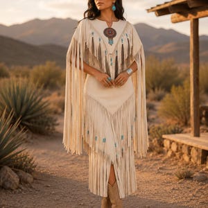 May include: A cream-colored dress featuring long fringe detailing, a round neckline, and turquoise bead accents. The garment includes a central circular pendant, matching turquoise drop earrings, and a silver cuff bracelet, paired with tan leather boots.
