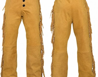 Pantalon à franges en cuir daim pour hommes | Pantalon de montagne style Frontier pour homme | Pantalon en cuir suédé boutonné sur le devant