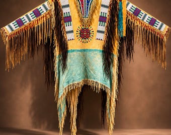 Chemise en cuir de daim à franges western, tunique perlée d'inspiration autochtone, haut tribal en cuir, vêtements de style pow-wow faits main pour hommes et femmes