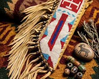 Gaine de couteau perlée faite main amérindien - Housse de couteau en cuir perlé indien Sioux