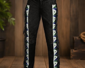 Pantalons en daim et perles à franges pour hommes, Pantalons style western en cuir, Pantalons brodés de perles d'inspiration autochtone, Vêtements de cow-boy pour rodéo