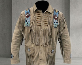 Veste en daim à franges pour hommes avec broderie perlée - Manteau western en cuir de cowboy - Tenues à franges de style autochtone traditionnel