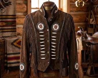 Veste en daim marron à franges pour femme, manteau en cuir western, veste en daim perlée
