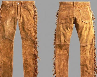 Pantalon à franges en daim style vintage pour hommes | Pantalon cowboy en cuir marron effet vieilli | Pantalon western rodéo à franges