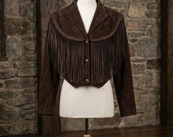 Veste à franges en daim marron foncé, manteau court western en cuir, veste de cow-girl bohème avec bordure tressée, blazer à franges style rodéo pour femme