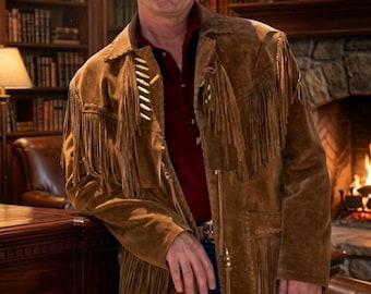 Veste cowboy en daim marron clair à franges Homme | Manteau à perles en os de l'ouest | Veste à franges Mountain Man style années 70