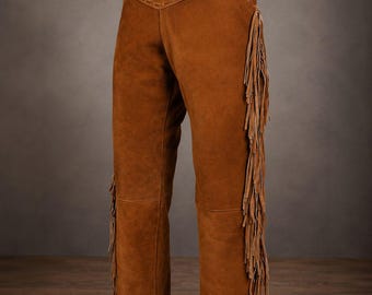 Pantalons en cuir à franges pour hommes, Pantalon western en daim, Pantalon en cuir suédé fait main, style cow-boy rodéo