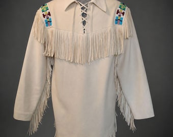 Chemise à franges Western Wear pour hommes avec broderie perlée | Chemise à lacets style daim | Reconstitution inspirée des plaines