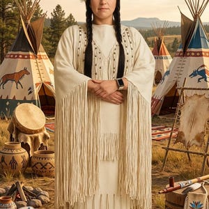 May include: A woman in a cream-colored fringed dress and shawl stands in front of teepees. She wears a feather in her hair and has long black braids. The scene includes Native American cultural items like drums, baskets, and a fire pit.