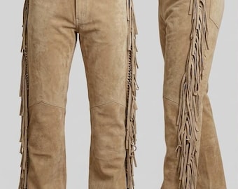 Pantalon en daim beige à franges homme femme, Pantalon western en cuir, Pantalon cow-boy en daim de style amérindien, Pantalon en cuir personnalisé
