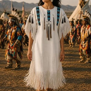 May include: A cream-colored dress featuring long fringe along the sleeves and hem, accented with vertical blue and black geometric beaded patterns on the chest and shoulders, paired with matching patterned boots with fringe details.