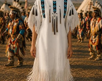 Robe à franges d'inspiration autochtone | Robe blanche en daim pour femme | Robe à franges sud-ouest | Robe de cérémonie Pow-wow