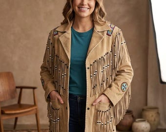 Veste en daim à franges western avec empiècements en perles, manteau en cuir pour femme du sud-ouest des États-Unis, veste à franges bohème rodéo vintage, manteau long en daim