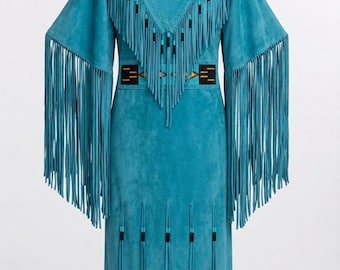 Robe bleu turquoise à franges en daim style patrimoine pour femmes | Robe de cérémonie perlée inspirée des plaines | Robe de mariée à franges complètes